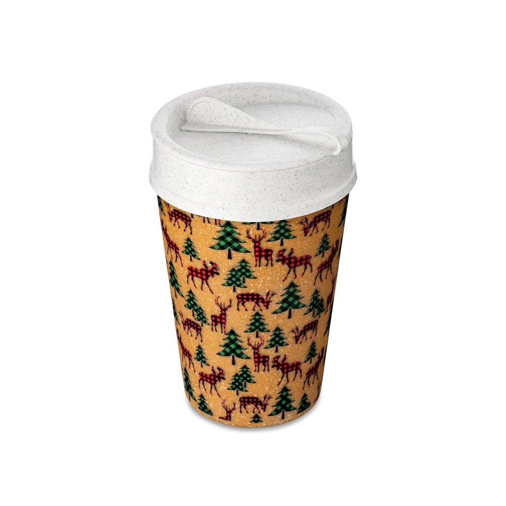 ISO TO GO MOOSE Double walled Cup with lid 400ml nature wood/org.white